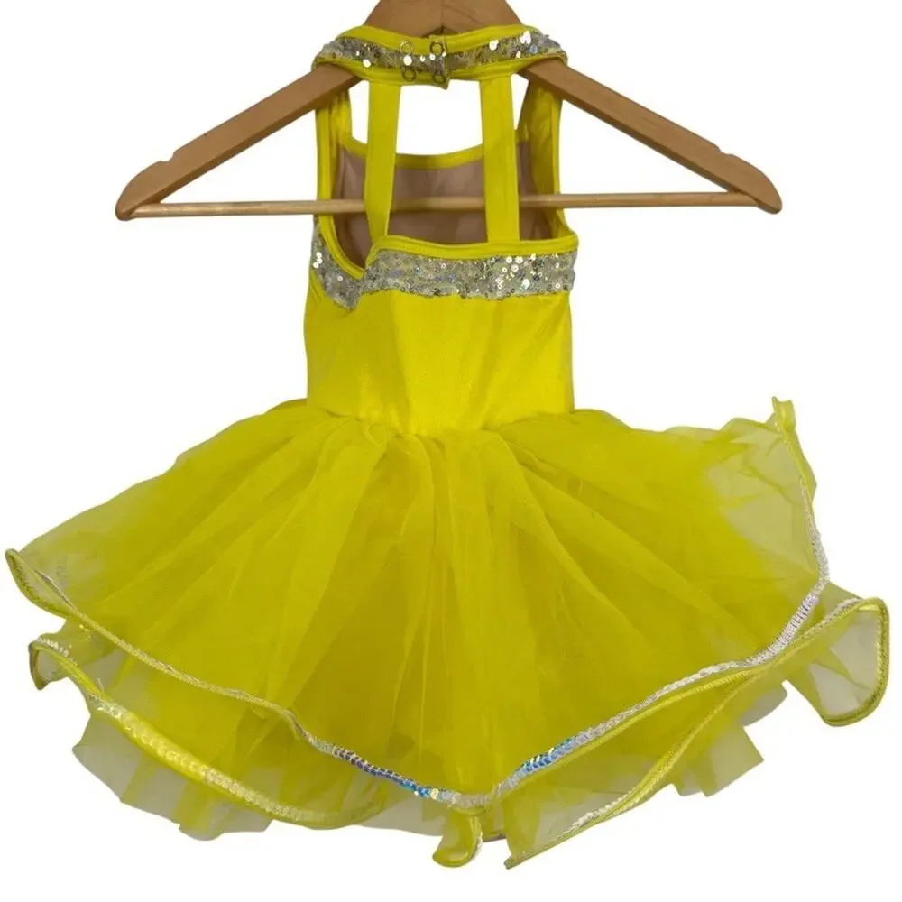 Weissman Yellow Rhinestone Sequin Tulle Dance Costume Dress & Hair Bow sz XS C